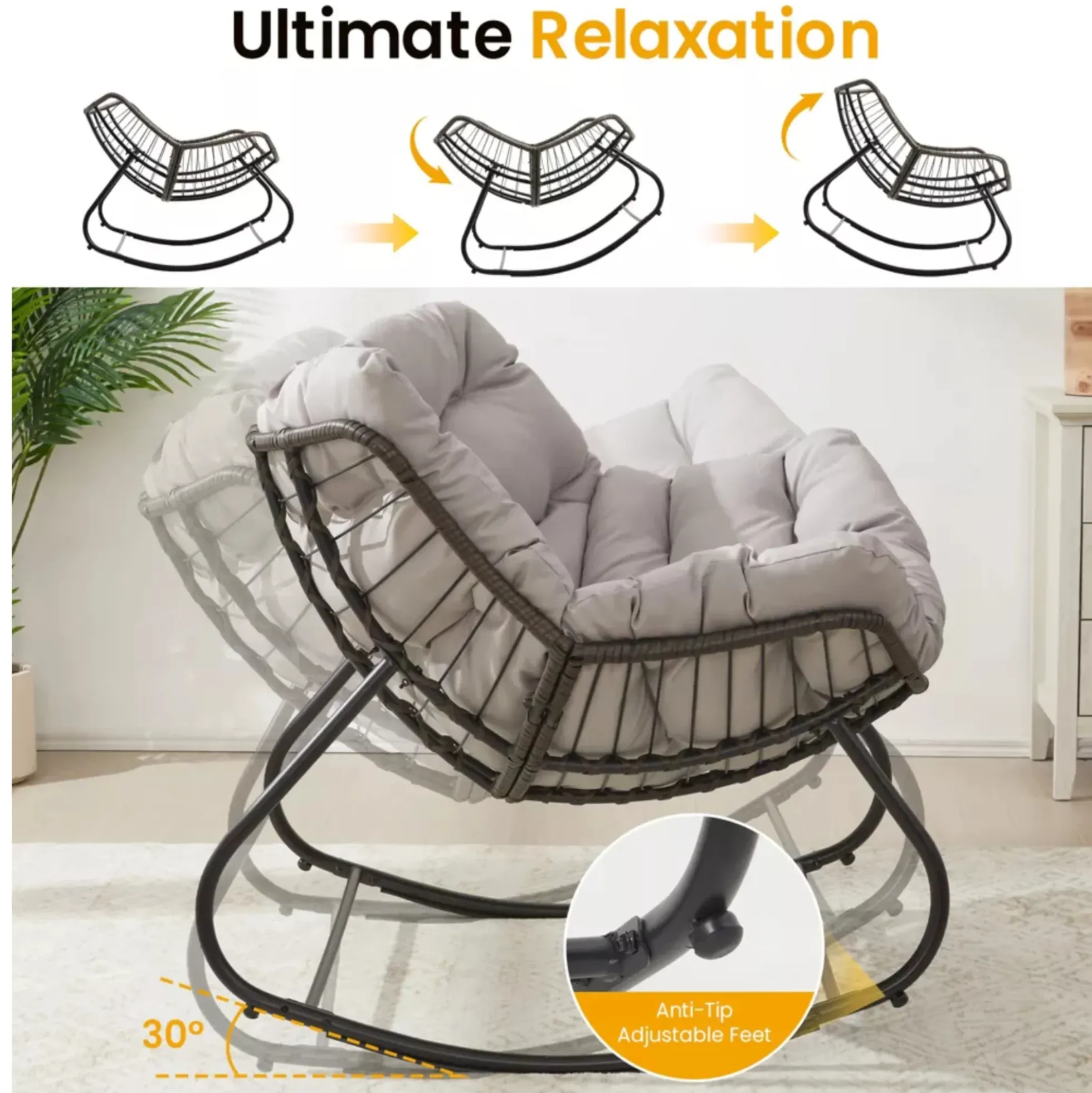 Papasan Egg Rocking Chair with Ottoman with All-Weather Cushions