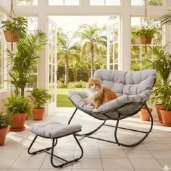 Papasan Egg Rocking Chair with Ottoman with All-Weather Cushions