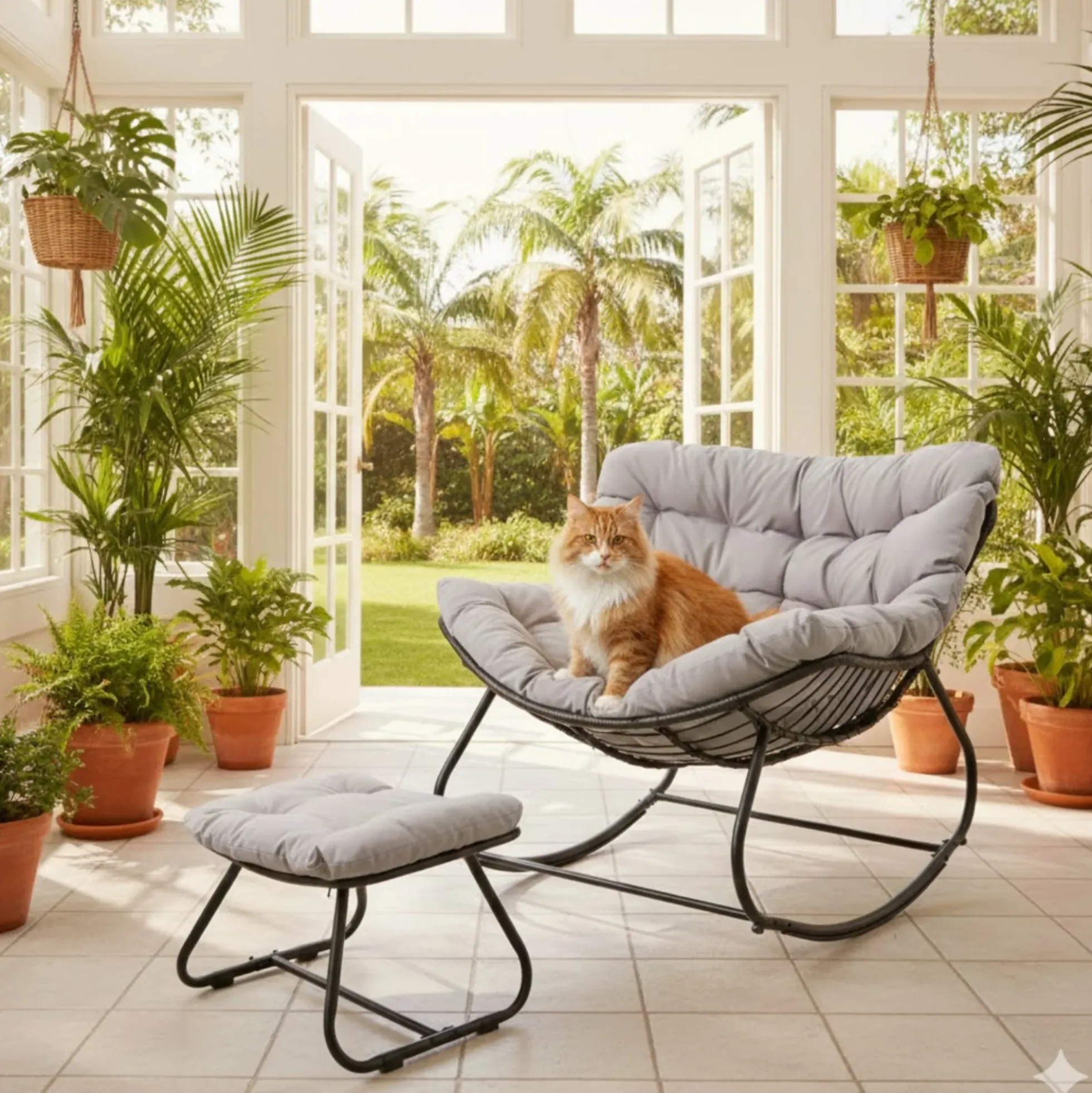 Papasan Egg Rocking Chair with Ottoman with All-Weather Cushions