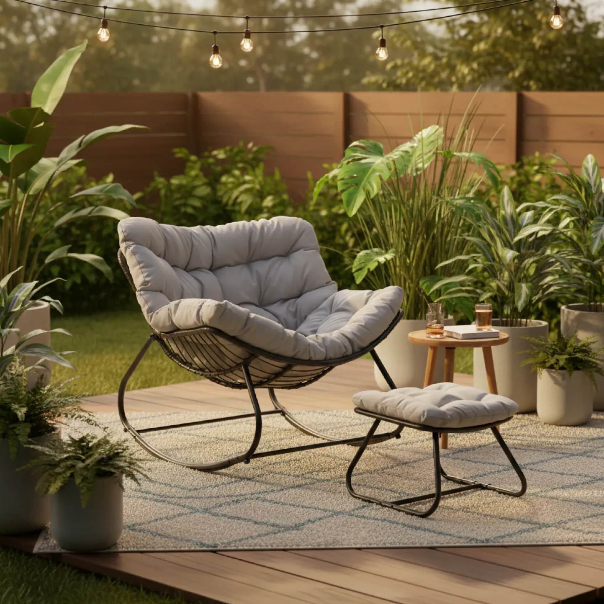 Papasan Egg Rocking Chair with Ottoman with All-Weather Cushions