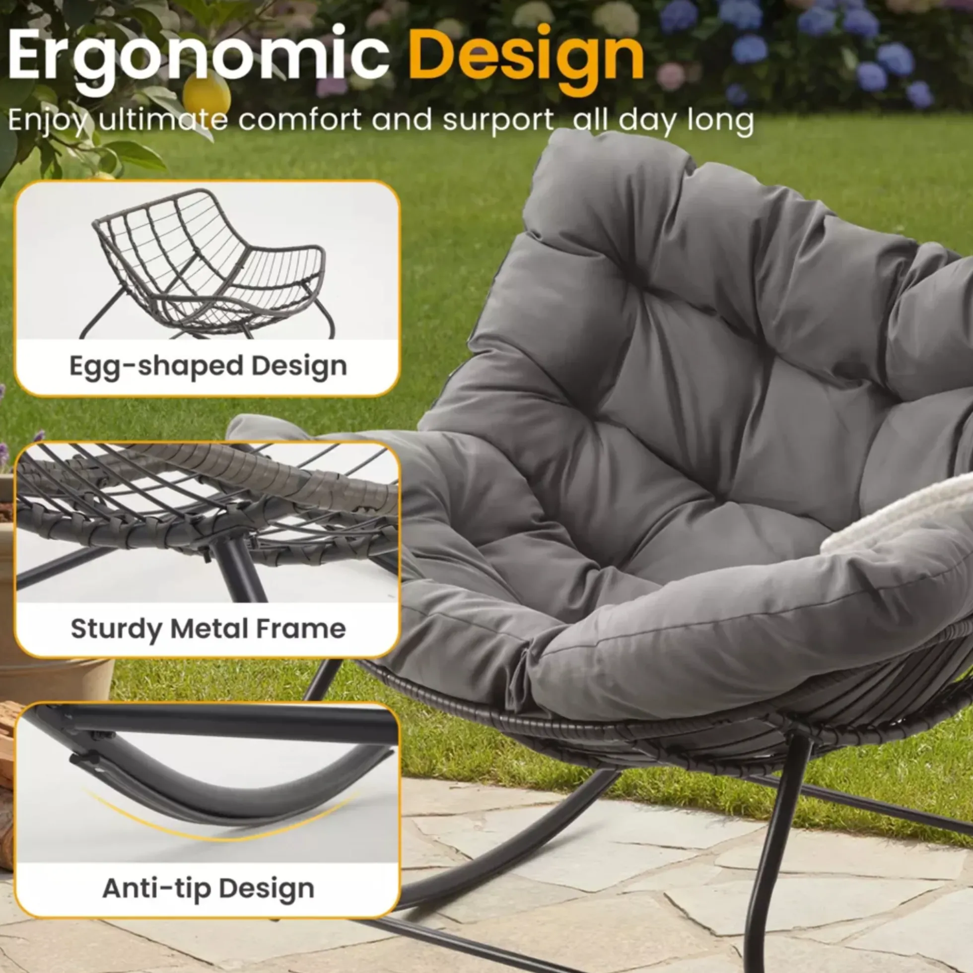 Papassan Egg Rocking Chair with Ottoman and Plush Cushions for Indoor/Outdoor Use