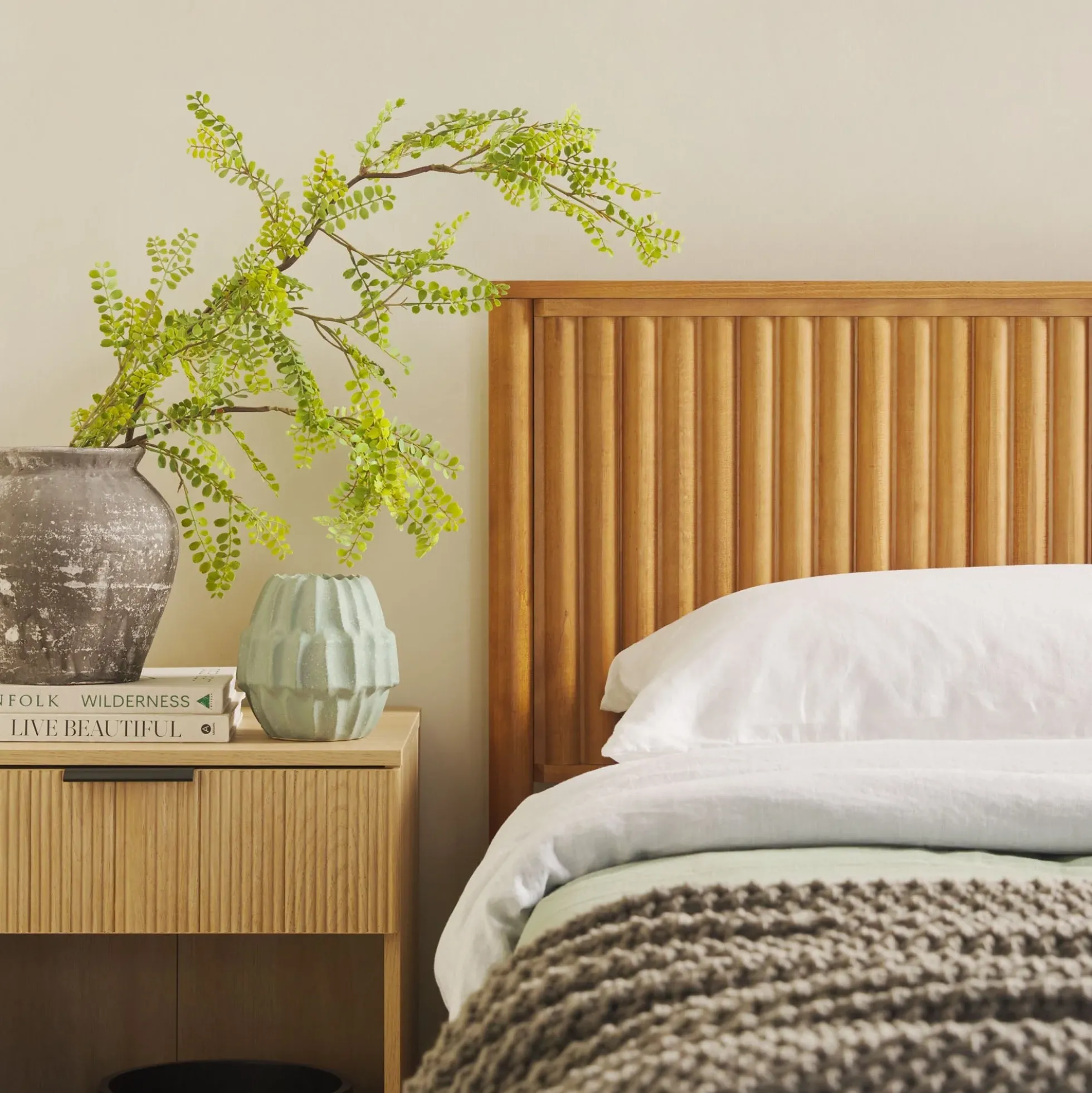 Paris Contemporary Reeded Headboard Solid Wood Bed