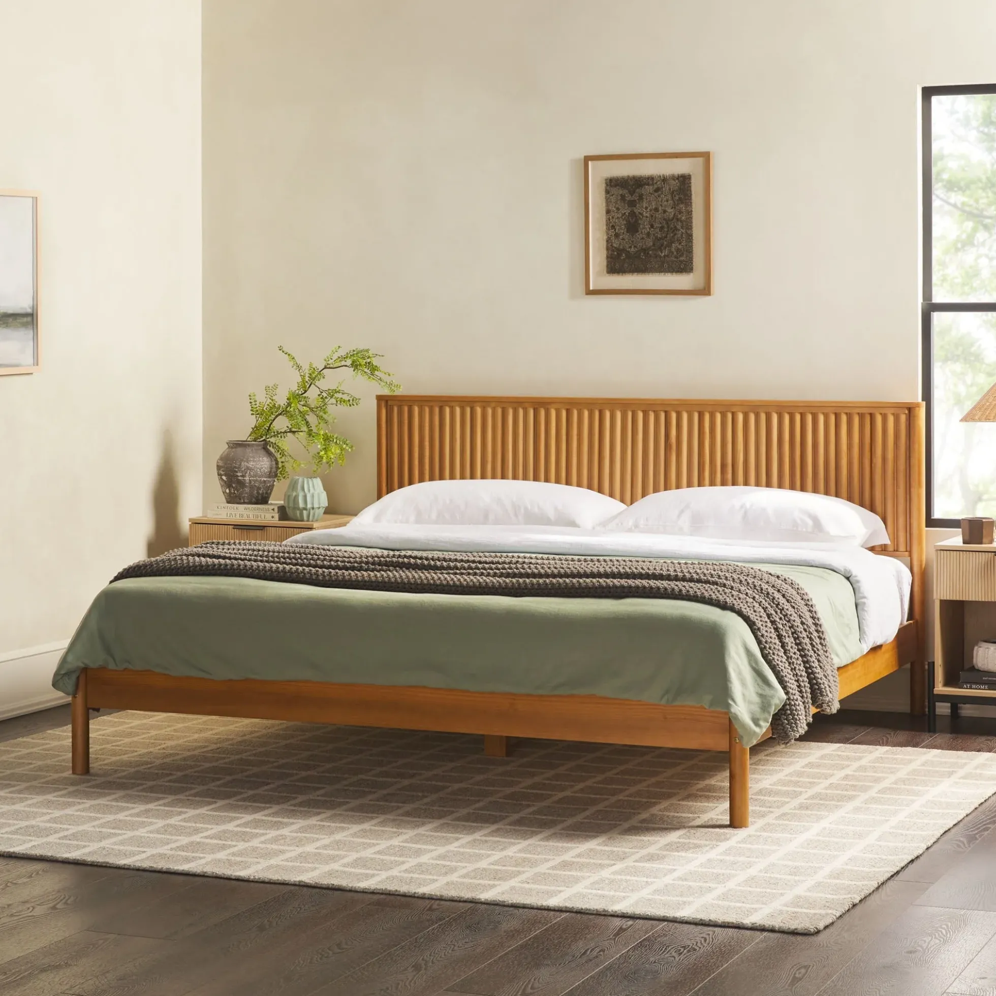 Paris Contemporary Reeded Headboard Solid Wood Bed