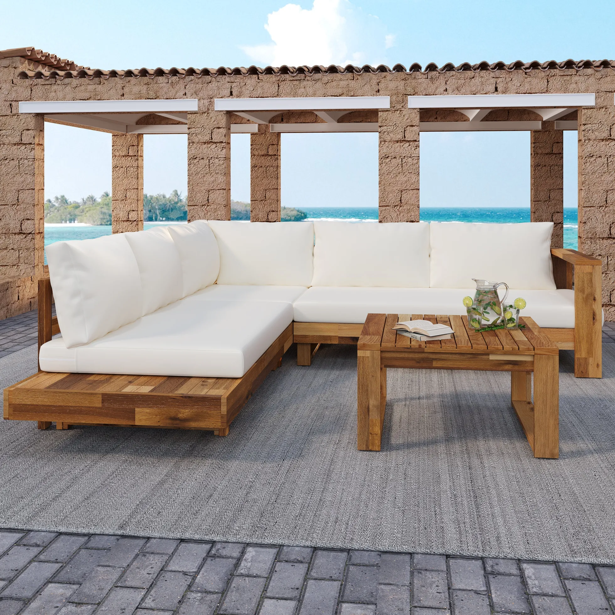 4pc Outdoor Teak Wood Sectional Patio Sofa Set w Table