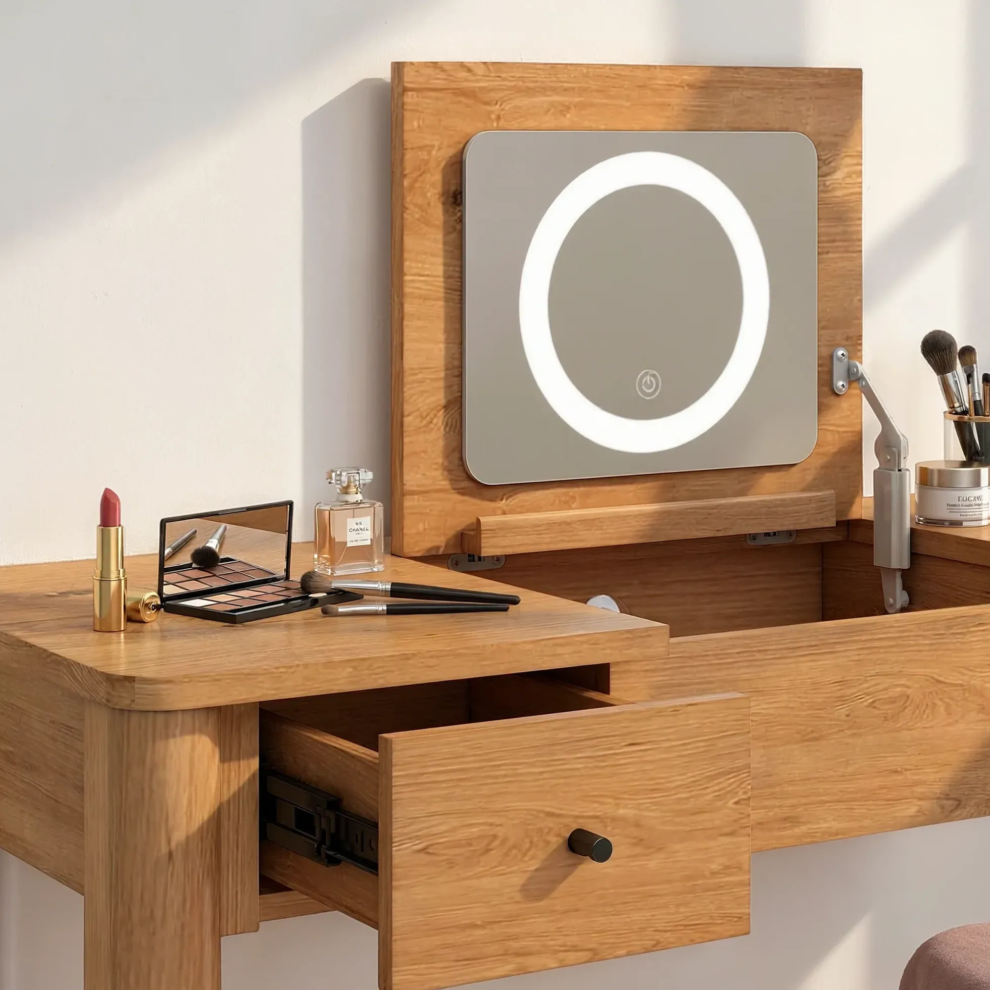 Penelope Modern Wood Makeup Vanity with LED Mirror & Storage