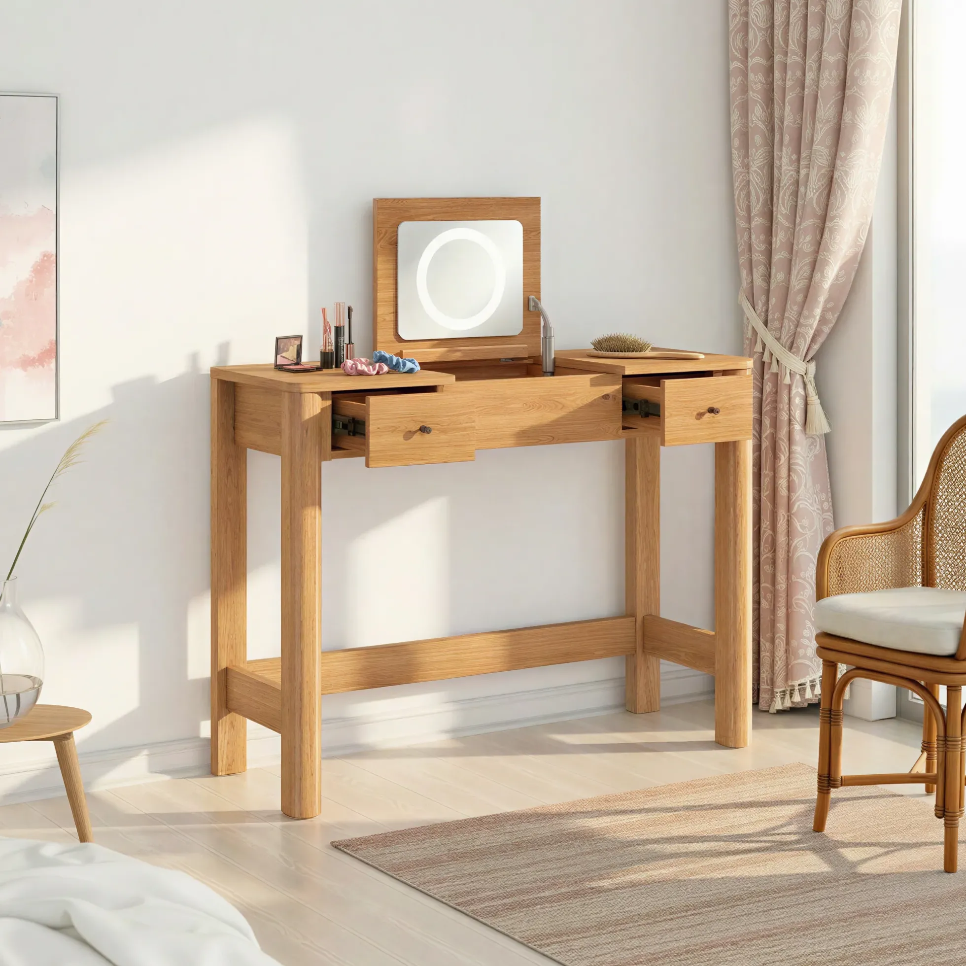 Penelope Modern Wood Makeup Vanity with LED Mirror & Storage