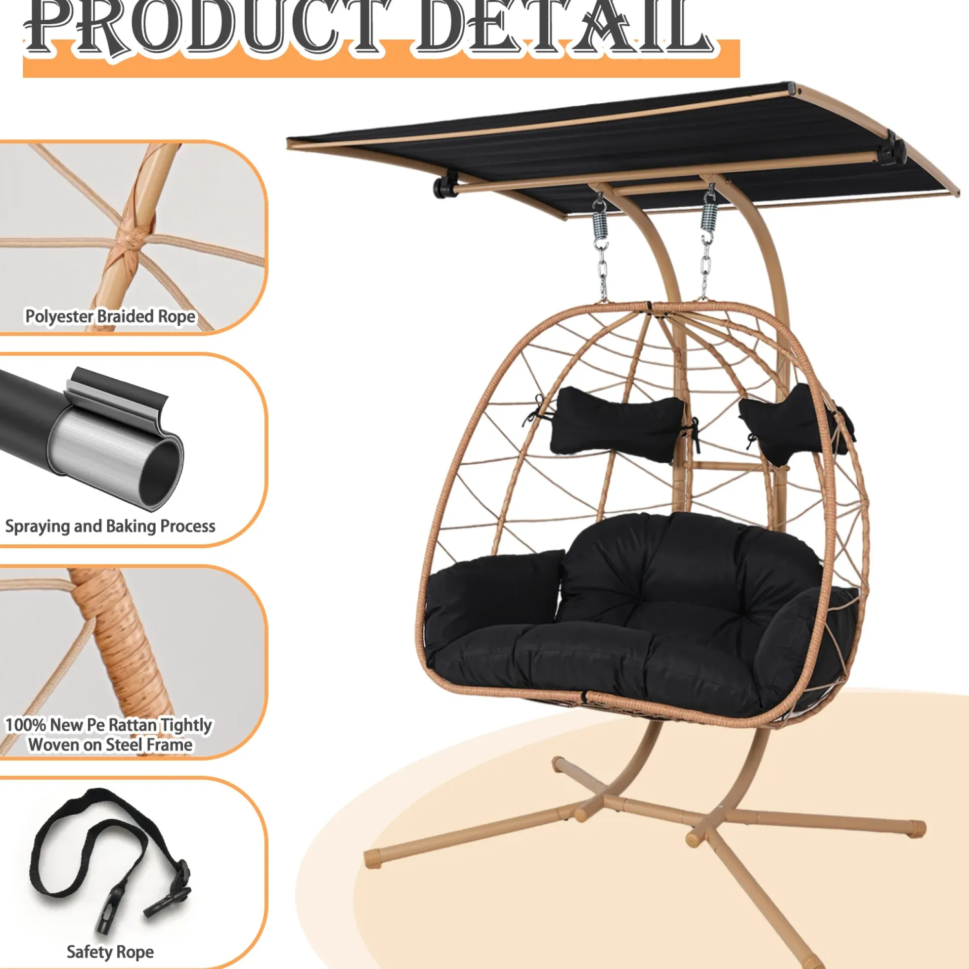 2-Person Wicker Hanging Egg Chair with Adjustable Canopy for Outdoor & Indoor