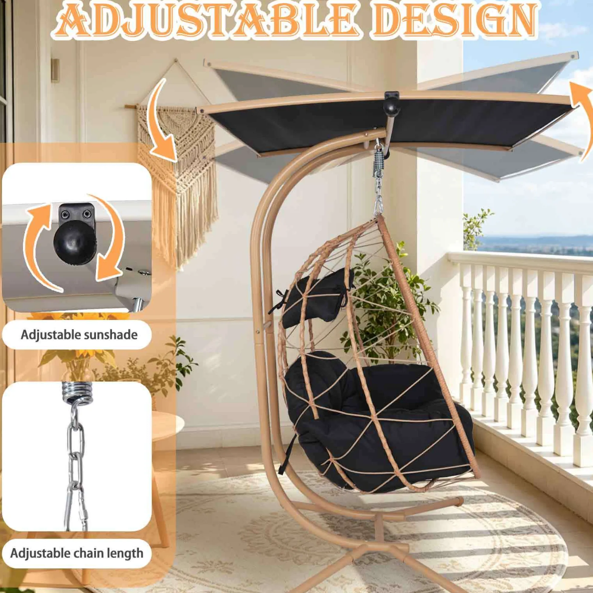 2-Person Wicker Hanging Egg Chair with Adjustable Canopy for Outdoor & Indoor