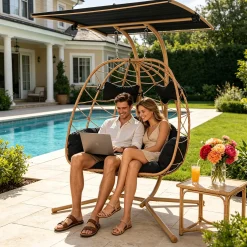 2-Person Wicker Hanging Egg Chair with Adjustable Canopy for Outdoor & Indoor