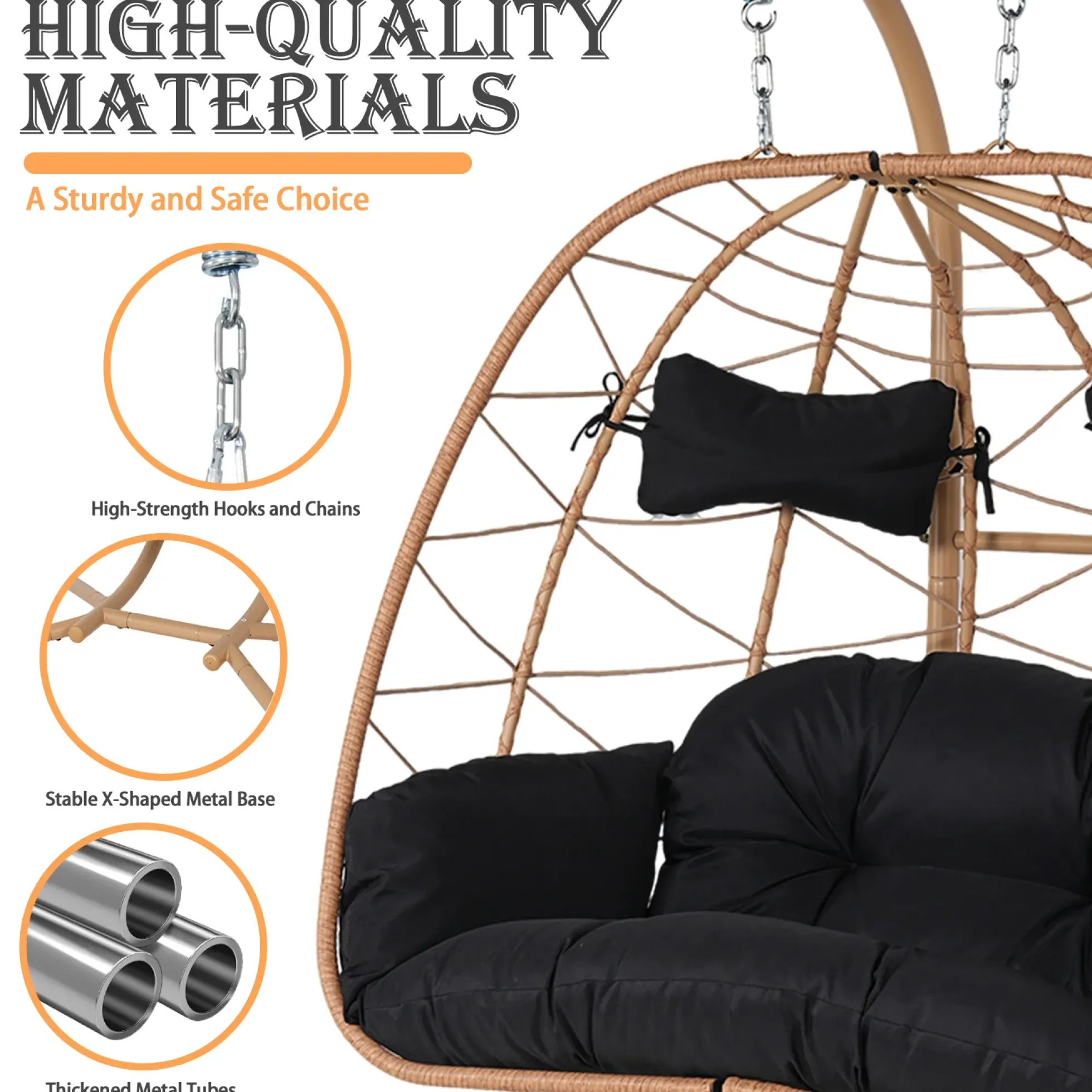 2-Person Wicker Hanging Egg Chair with Adjustable Canopy for Outdoor & Indoor