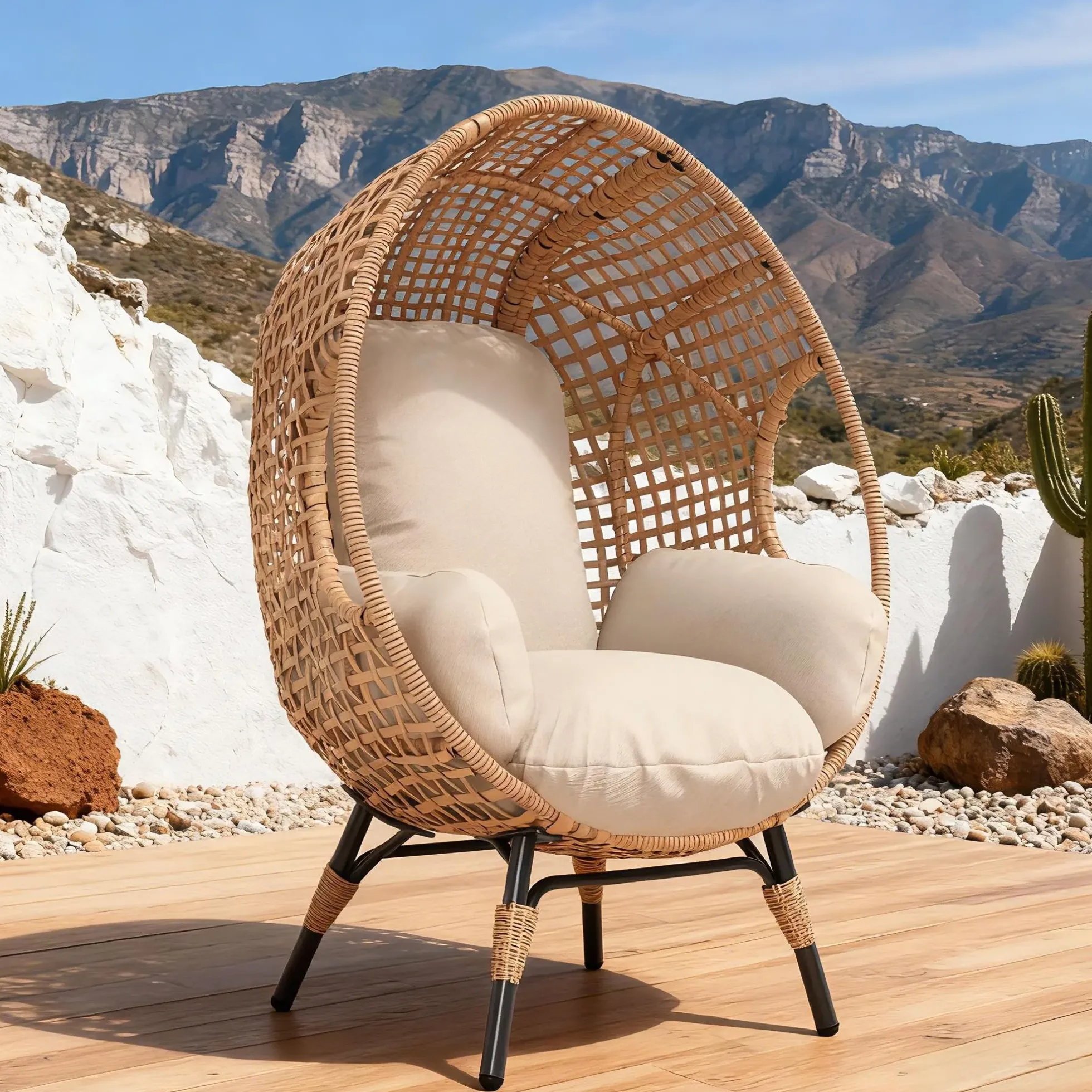 Rattan Outdoor Indoor Elegant Arc Back Hanging Egg Chair