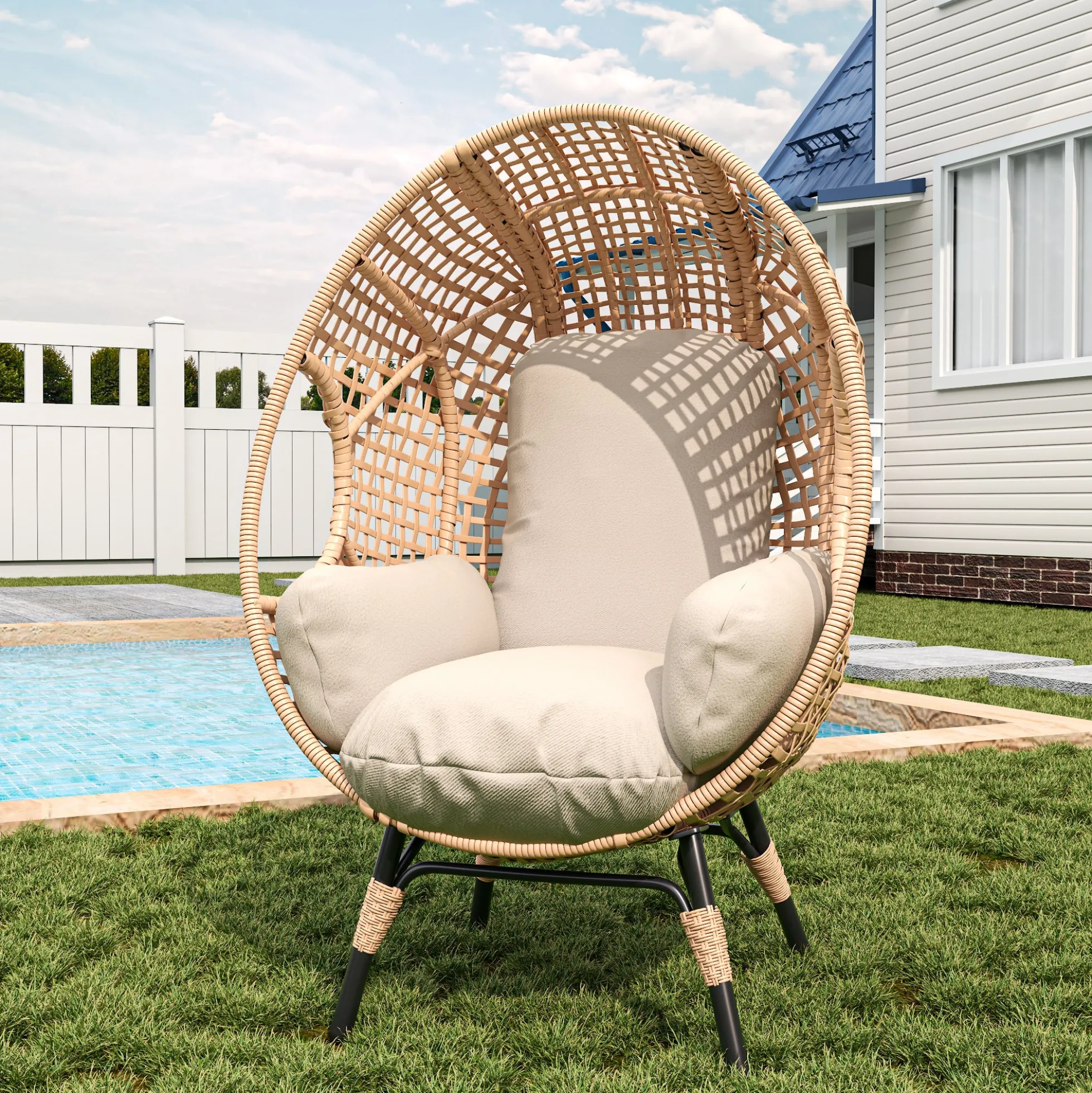 Rattan Outdoor Indoor Elegant Arc Back Hanging Egg Chair