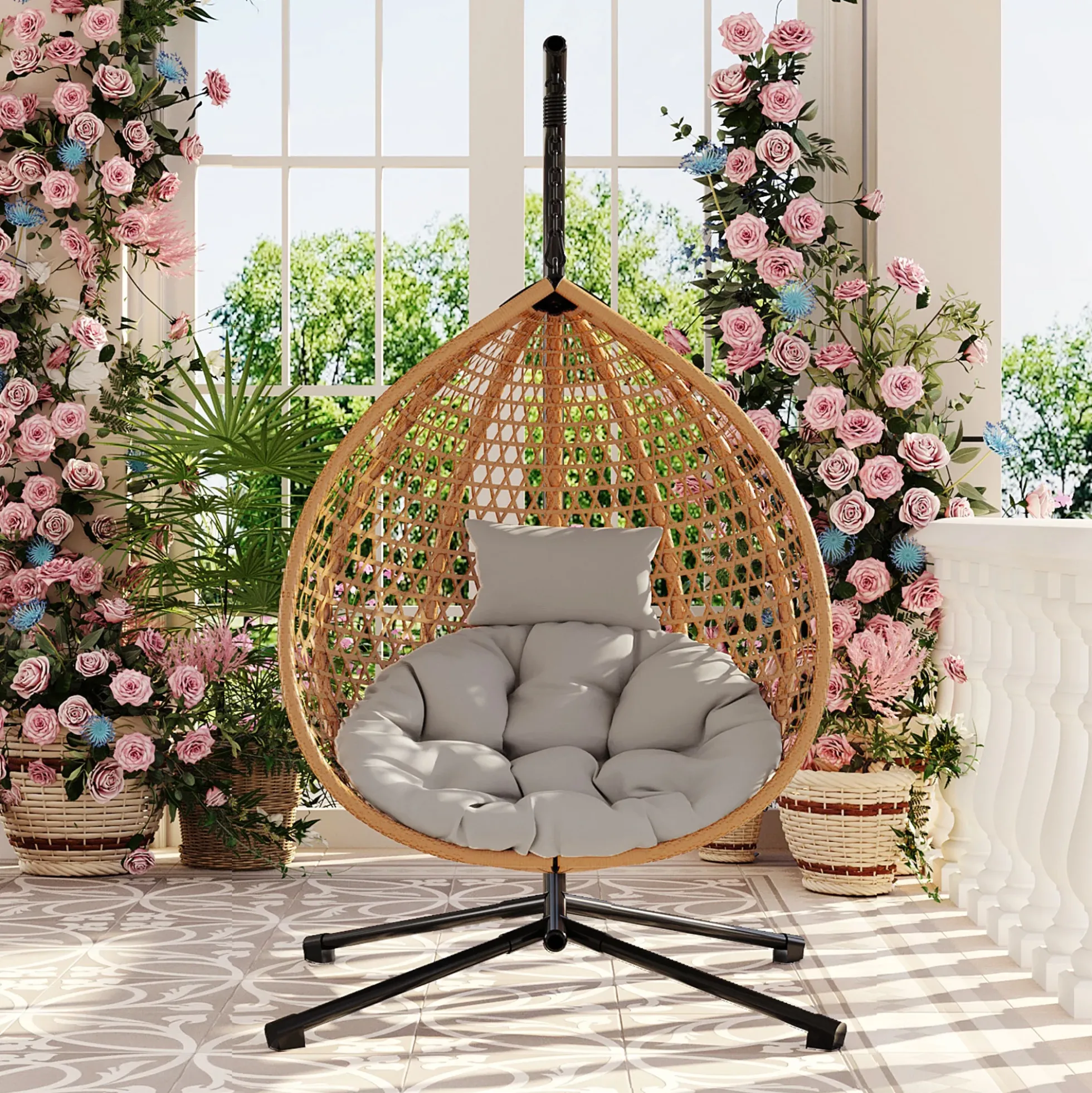 Rattan Weaving Hanging Egg Chair with Stand and Soft Removable Cushion