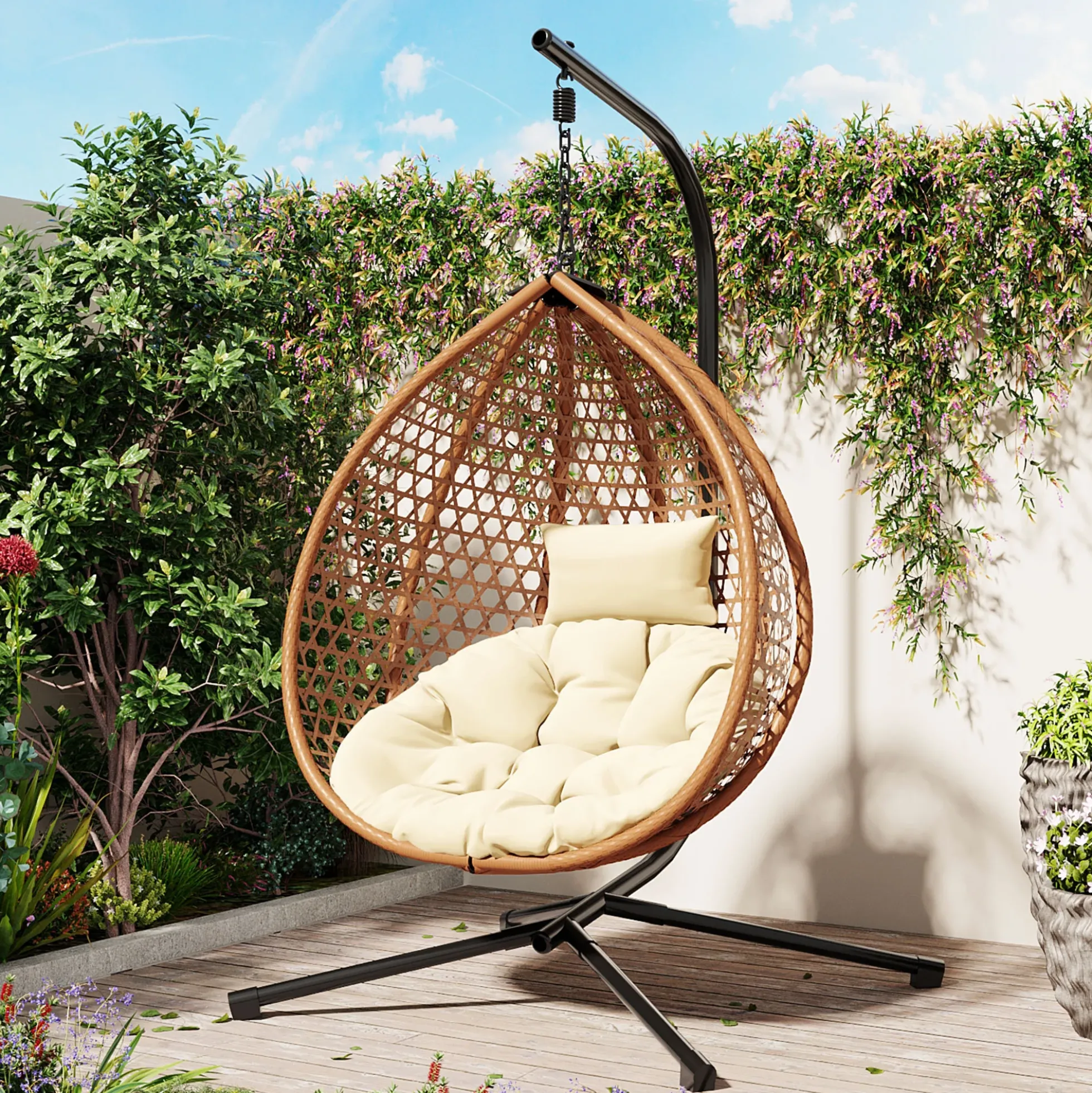 Rattan Weaving Hanging Egg Chair with Stand and Soft Removable Cushion