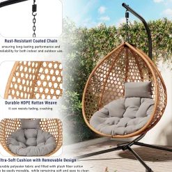 Rattan Weaving Hanging Egg Chair with Stand and Soft Removable Cushion