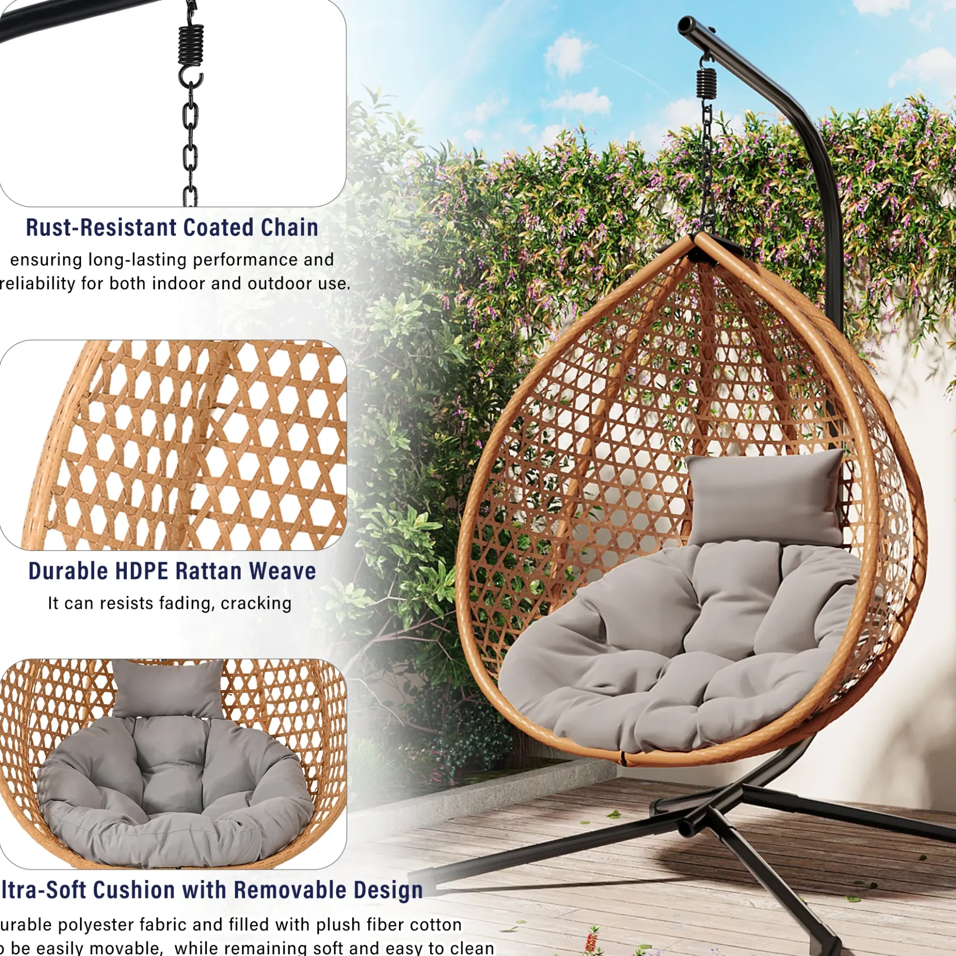 Rattan Weaving Hanging Egg Chair with Stand and Soft Removable Cushion