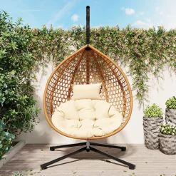 Rattan Weaving Hanging Egg Chair with Stand and Soft Removable Cushion