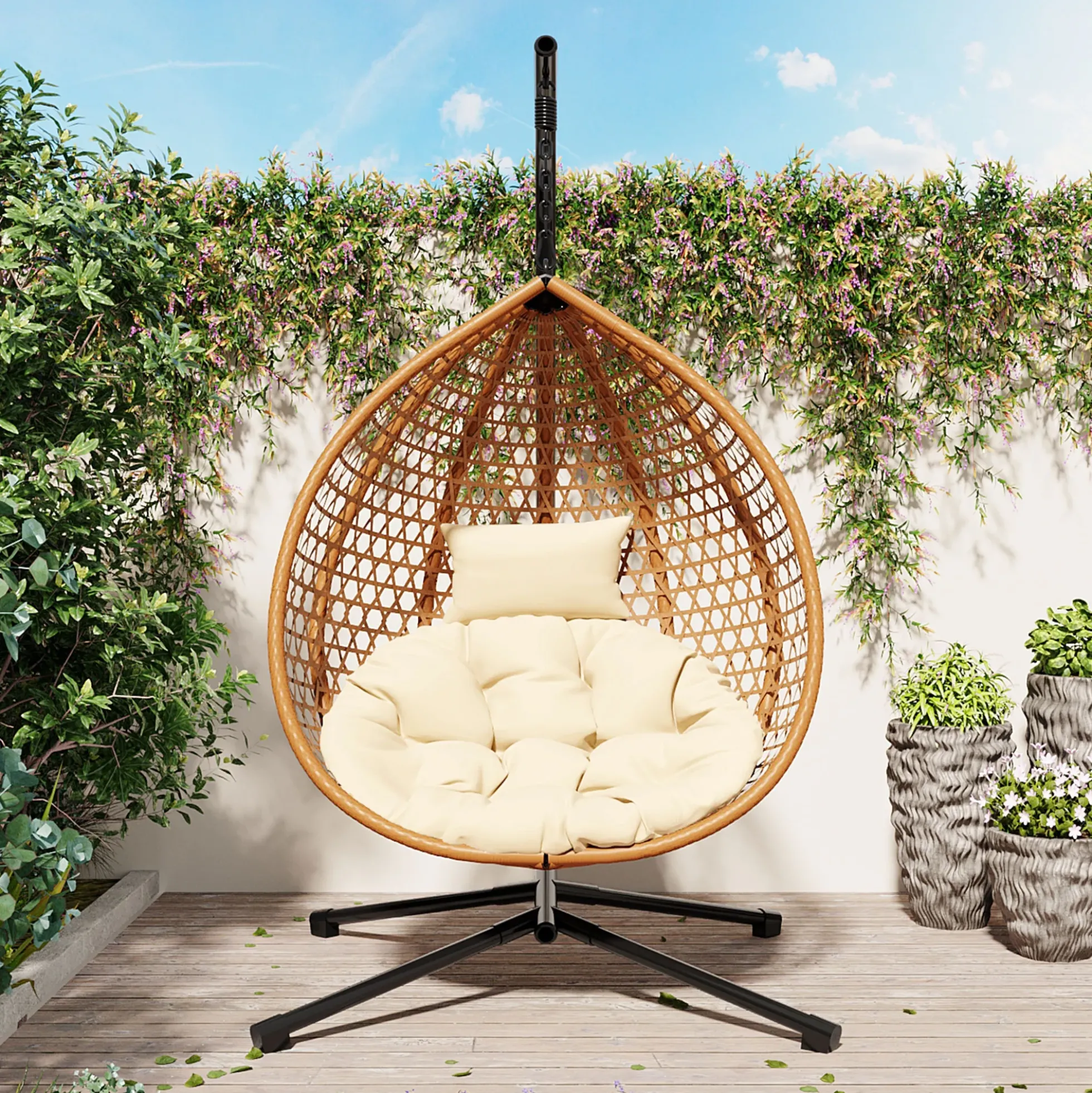 Rattan Weaving Hanging Egg Chair with Stand and Soft Removable Cushion