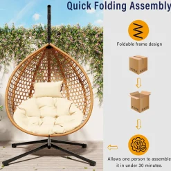 Rattan Weaving Hanging Egg Chair with Stand and Soft Removable Cushion