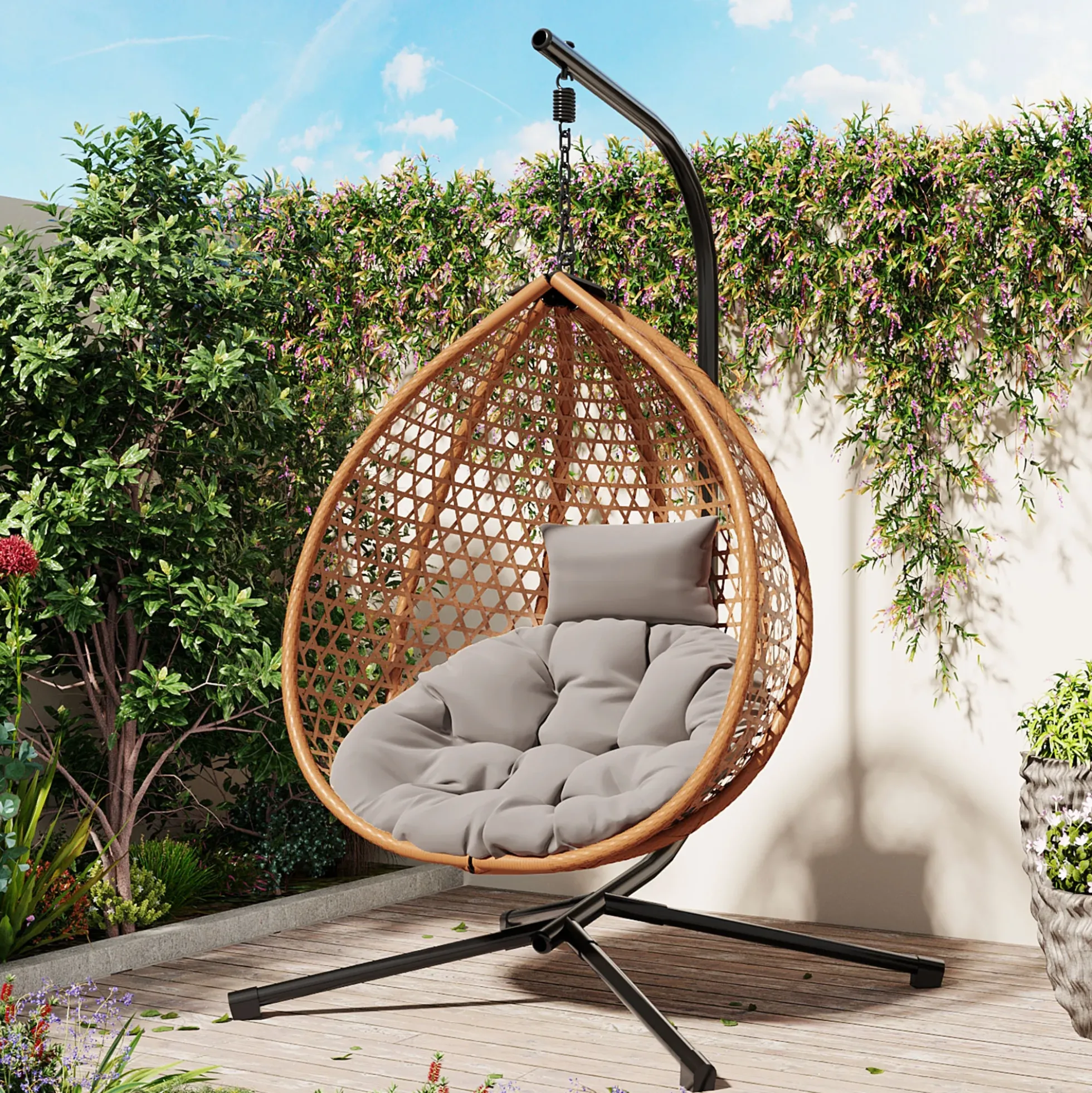 Rattan Weaving Hanging Egg Chair with Stand and Soft Removable Cushion