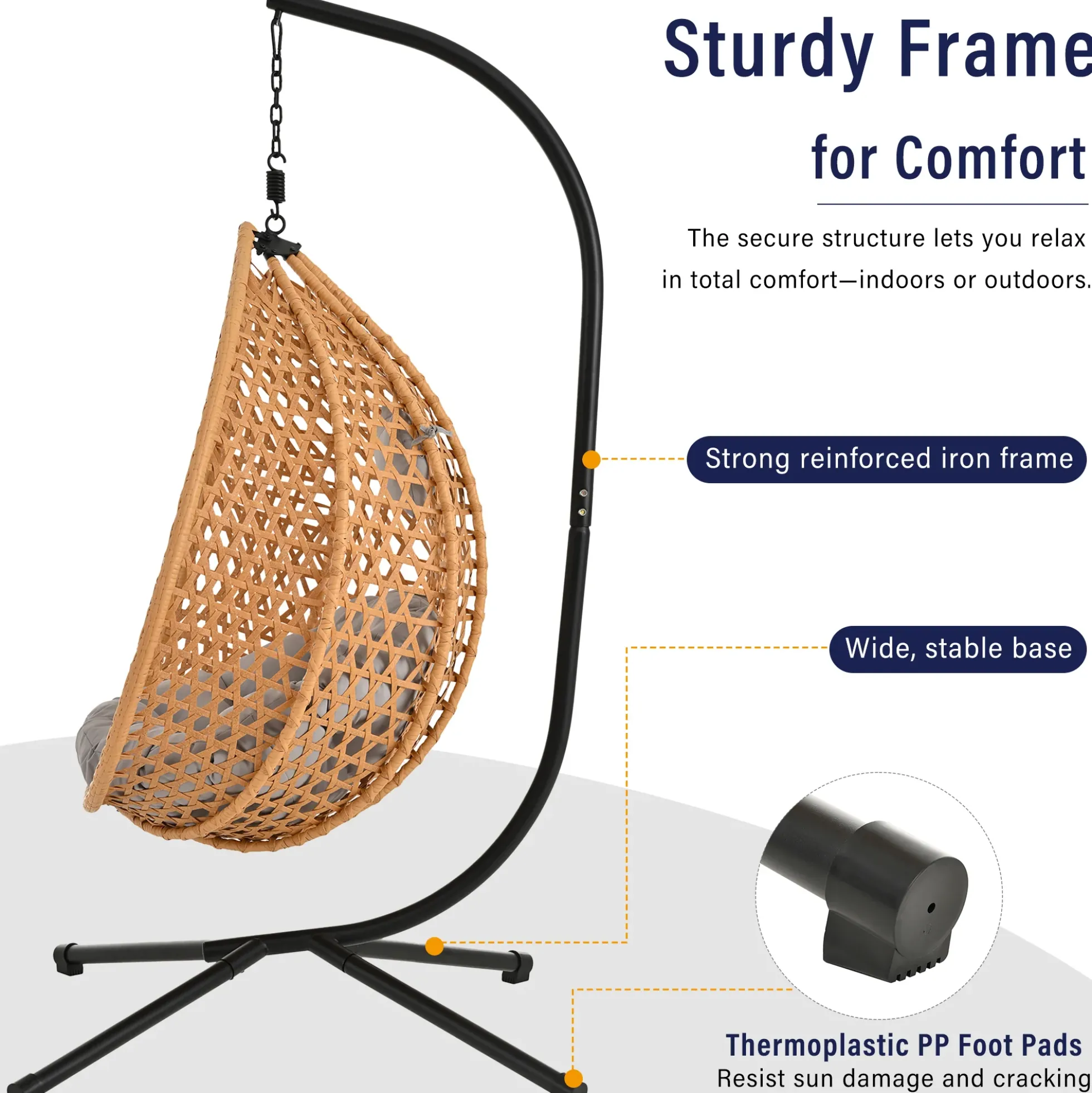 Rattan Weaving Hanging Egg Chair with Stand and Soft Removable Cushion