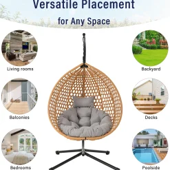 Rattan Weaving Hanging Egg Chair with Stand and Soft Removable Cushion