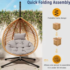 Rattan Weaving Hanging Egg Chair with Stand and Soft Removable Cushion