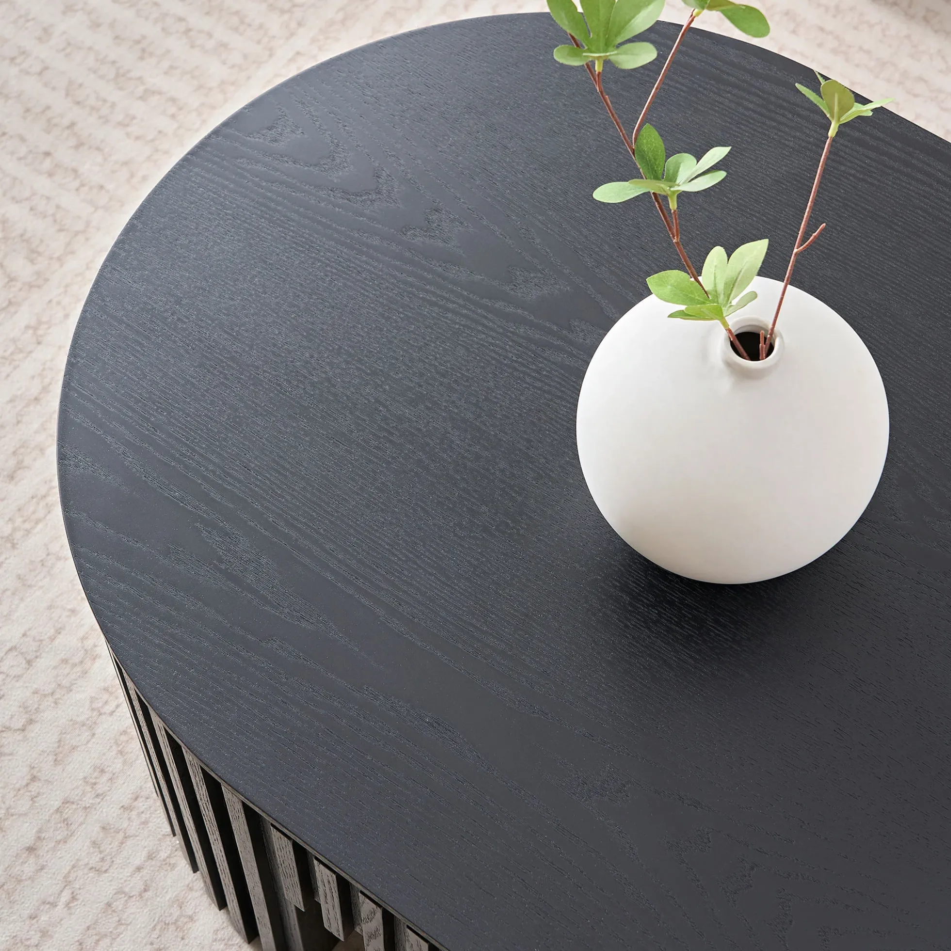 Reeded Black Oval Wood Coffee Table With Drawer