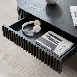 Reeded Black Oval Wood Coffee Table With Drawer