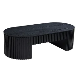 Reeded Black Oval Wood Coffee Table With Drawer