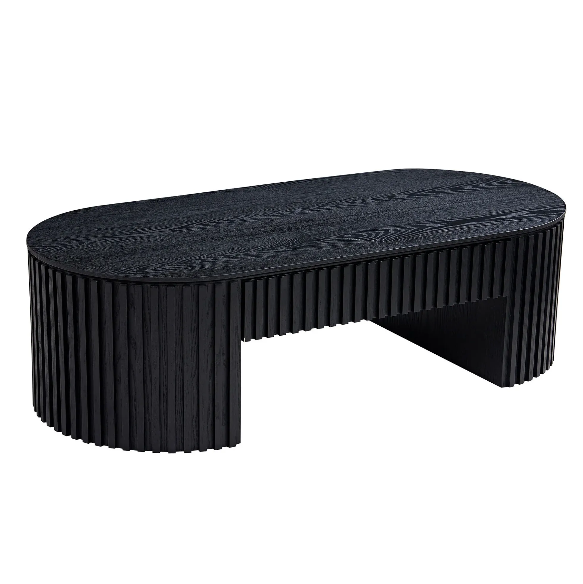 Reeded Black Oval Wood Coffee Table With Drawer
