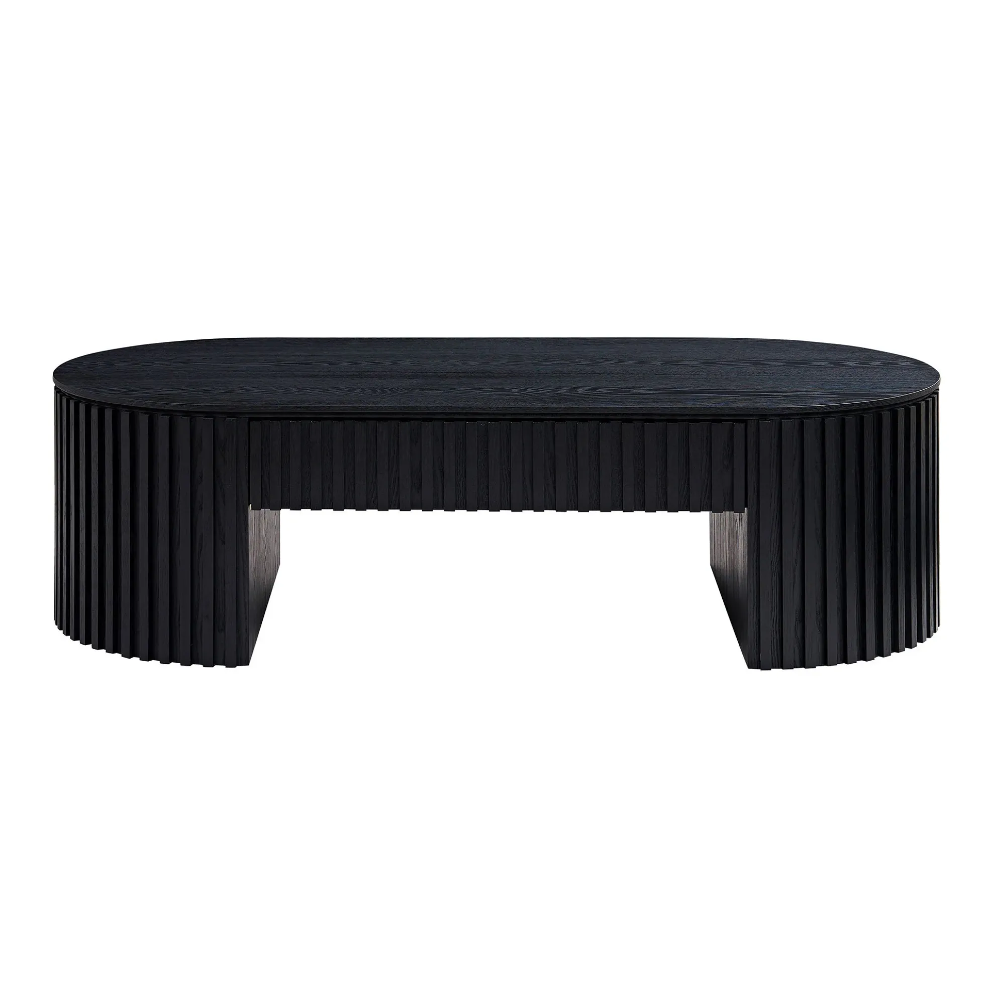 Reeded Black Oval Wood Coffee Table With Drawer