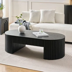 Reeded Black Oval Wood Coffee Table With Drawer