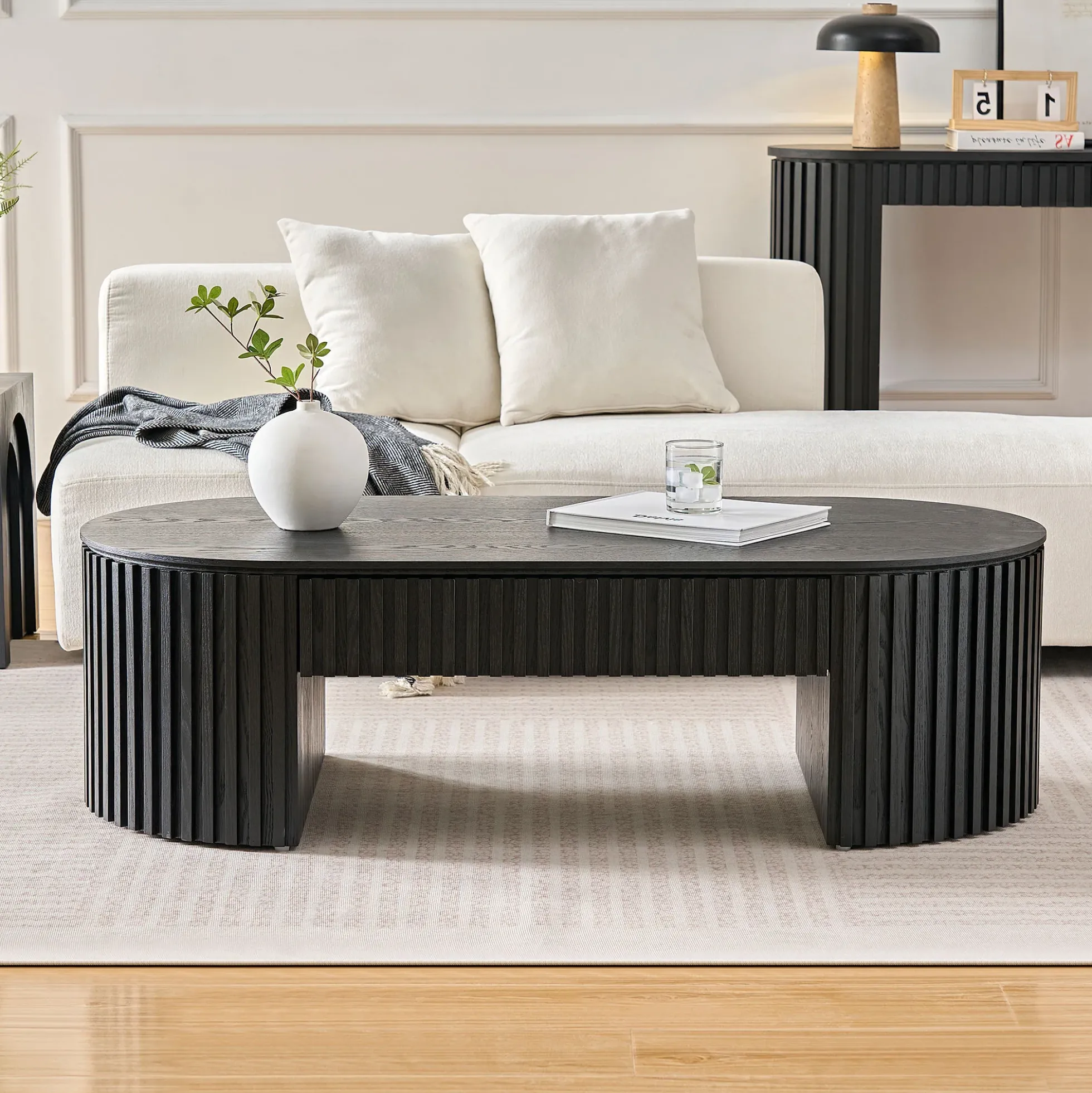 Reeded Black Oval Wood Coffee Table With Drawer