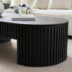 Reeded Black Oval Wood Coffee Table With Drawer