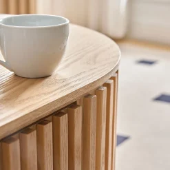 Reeded Oval Wood Coffee Table With Drawer