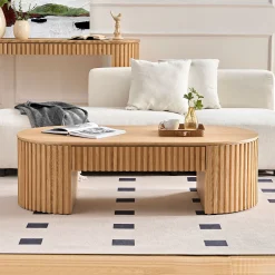 Reeded Oval Wood Coffee Table With Drawer