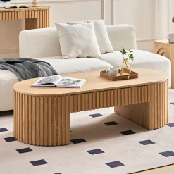 Reeded Oval Wood Coffee Table With Drawer