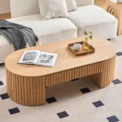 Reeded Oval Wood Coffee Table With Drawer