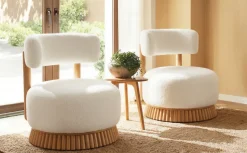 Reeded Wooden Base Curve Boucle Accent Chair Set of 2
