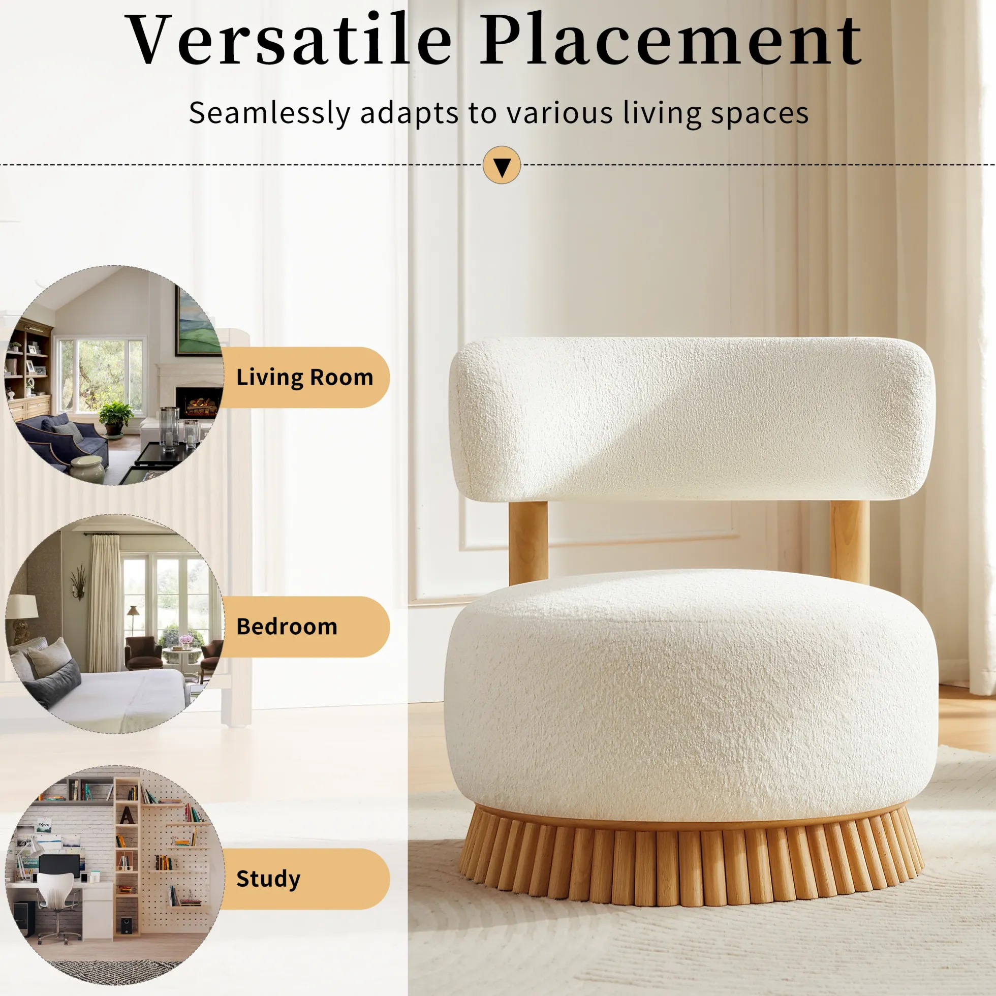 Reeded Wooden Base Curve Boucle Accent Chair Set of 2