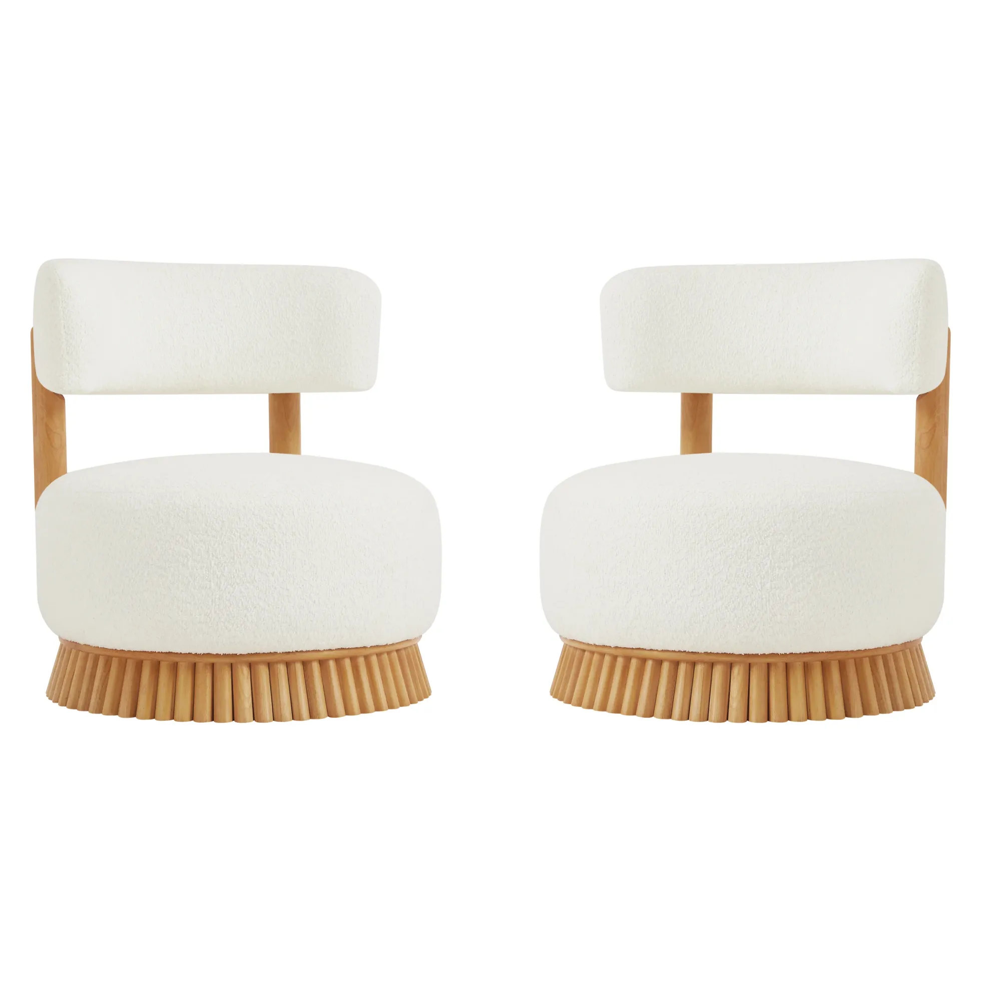 Reeded Wooden Base Curve Boucle Accent Chair Set of 2