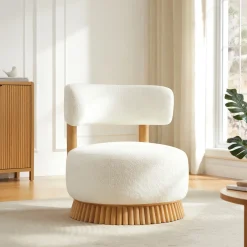 Reeded Wooden Base Curve Boucle Accent Chair Set of 2