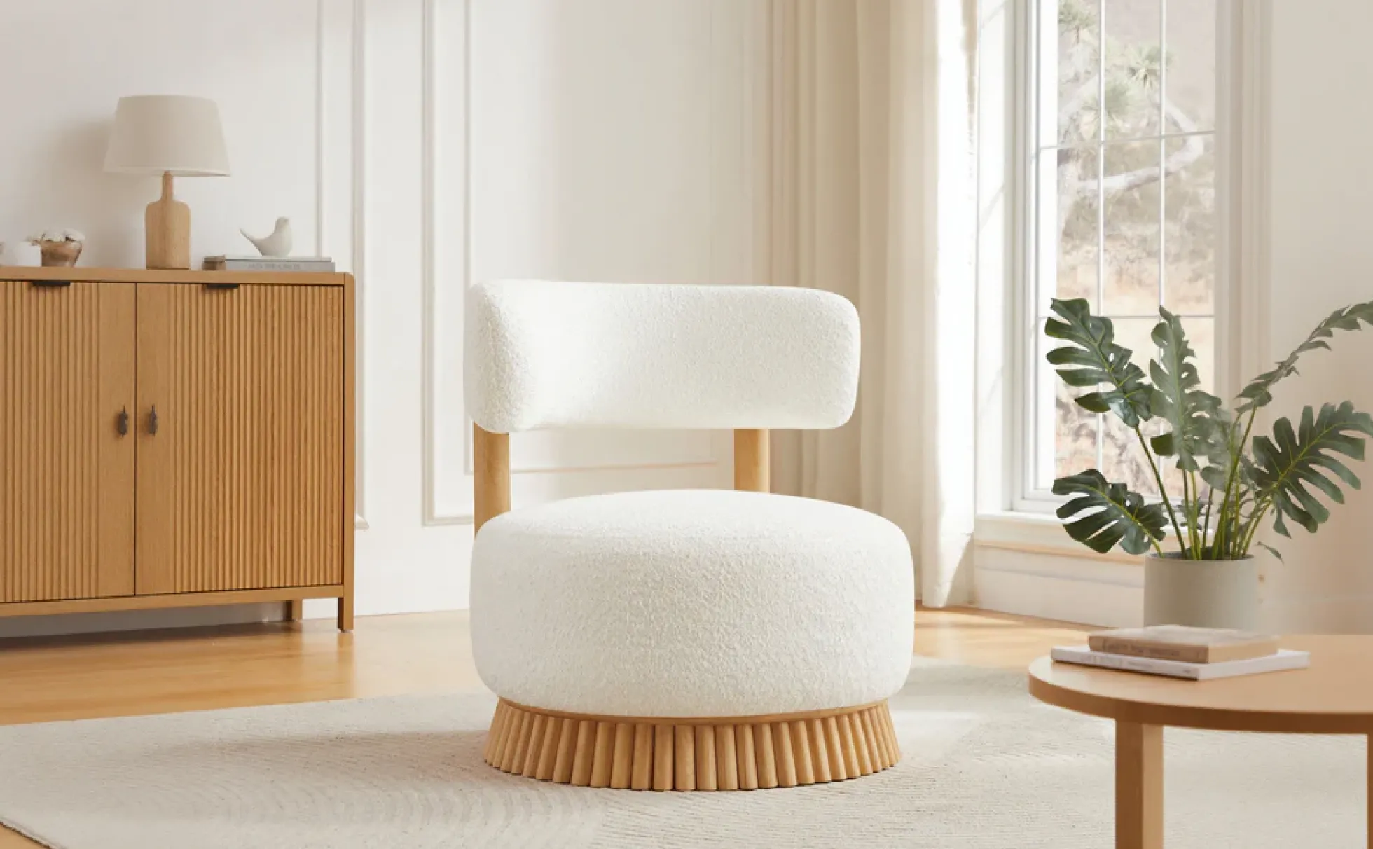 Reeded Wooden Base Curve Boucle Accent Chair Set of 2