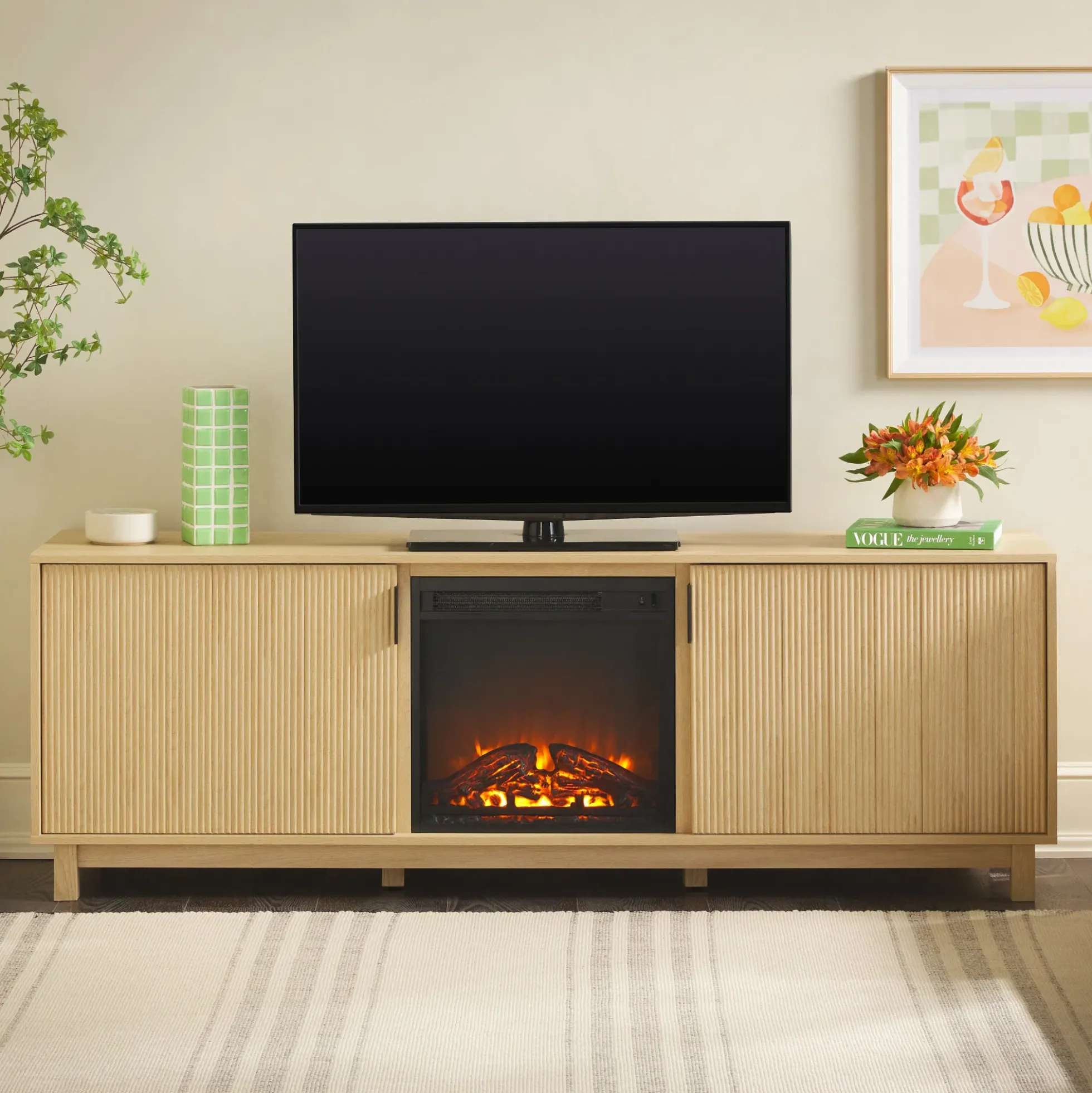 Reema Scandinavian 70" Modern Reeded TV Stand with Freestanding Electric Fireplace