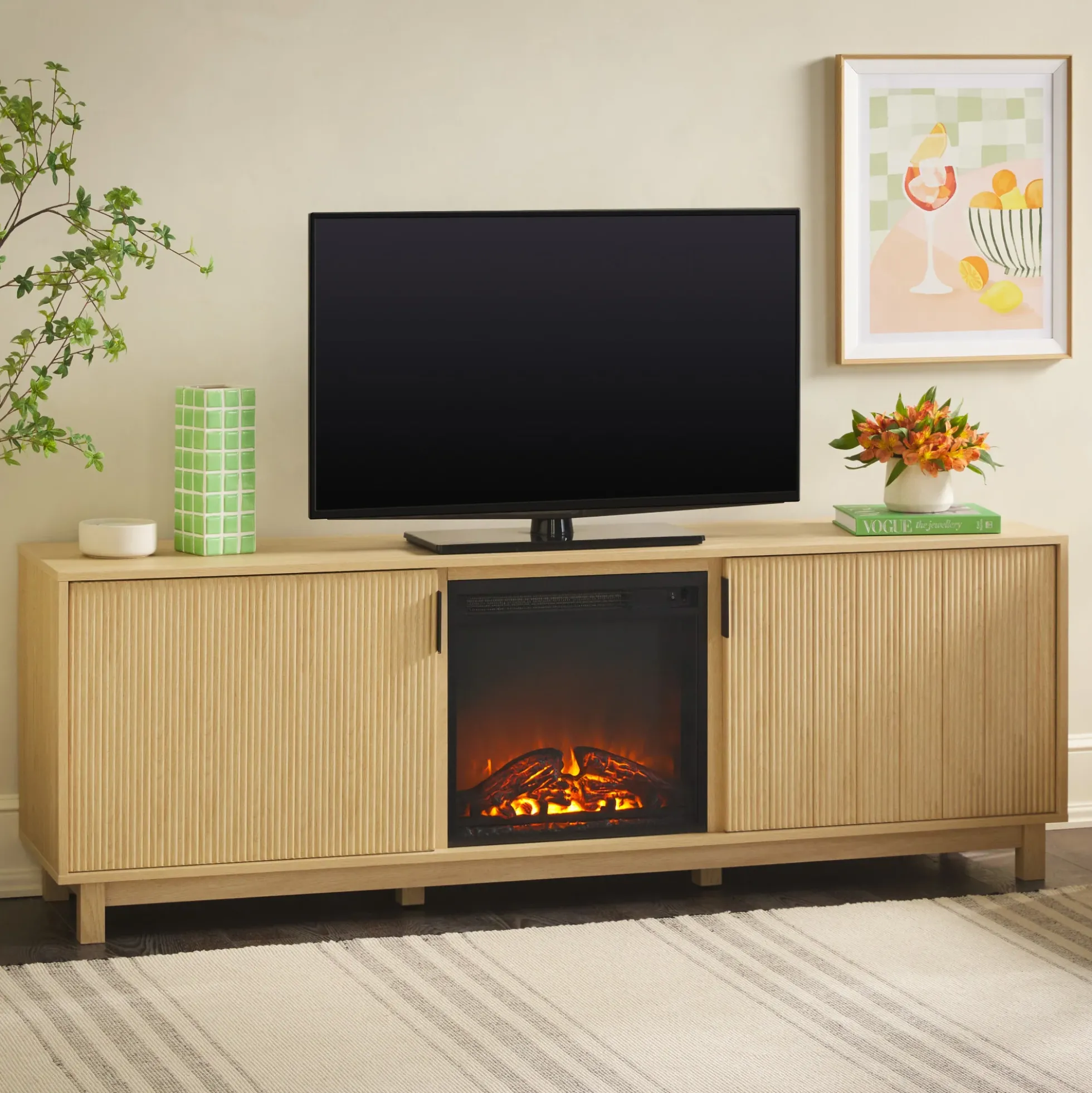 Reema Scandinavian 70" Modern Reeded TV Stand with Freestanding Electric Fireplace