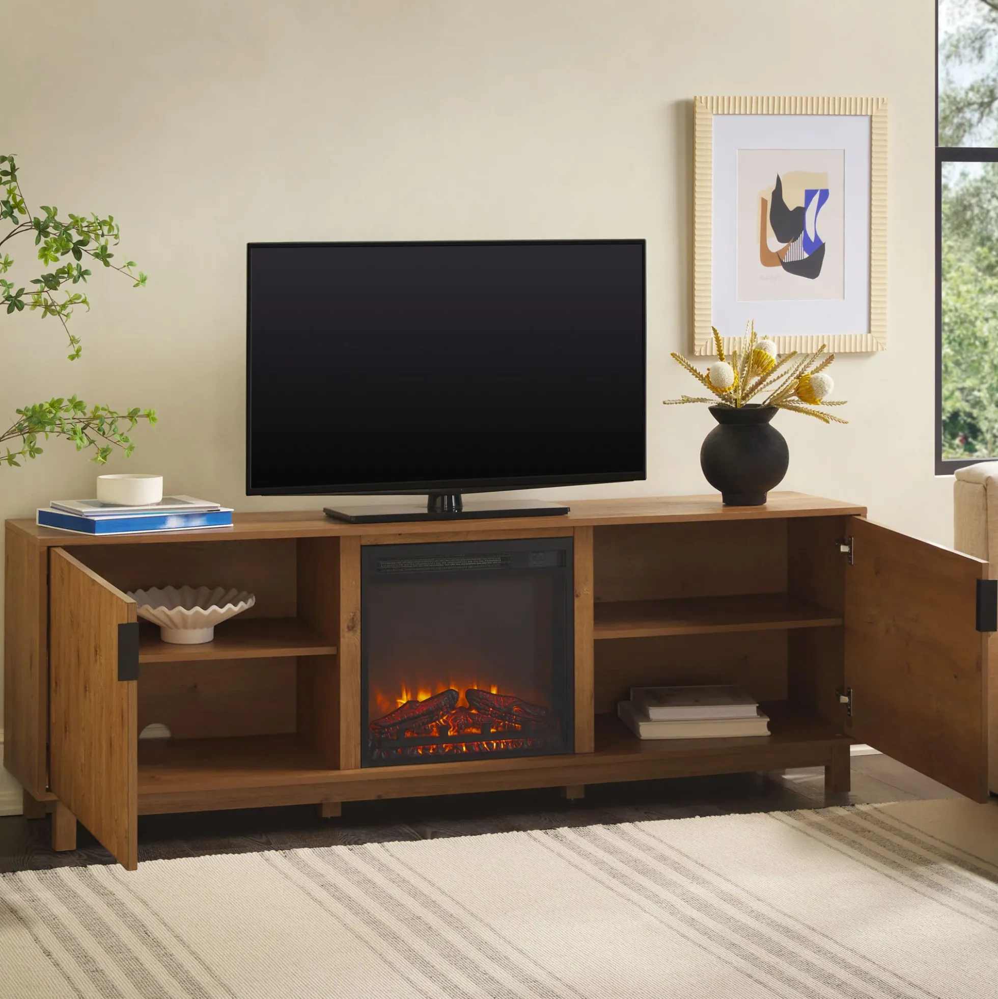 Reema Scandinavian 70" Modern Reeded TV Stand with Freestanding Electric Fireplace