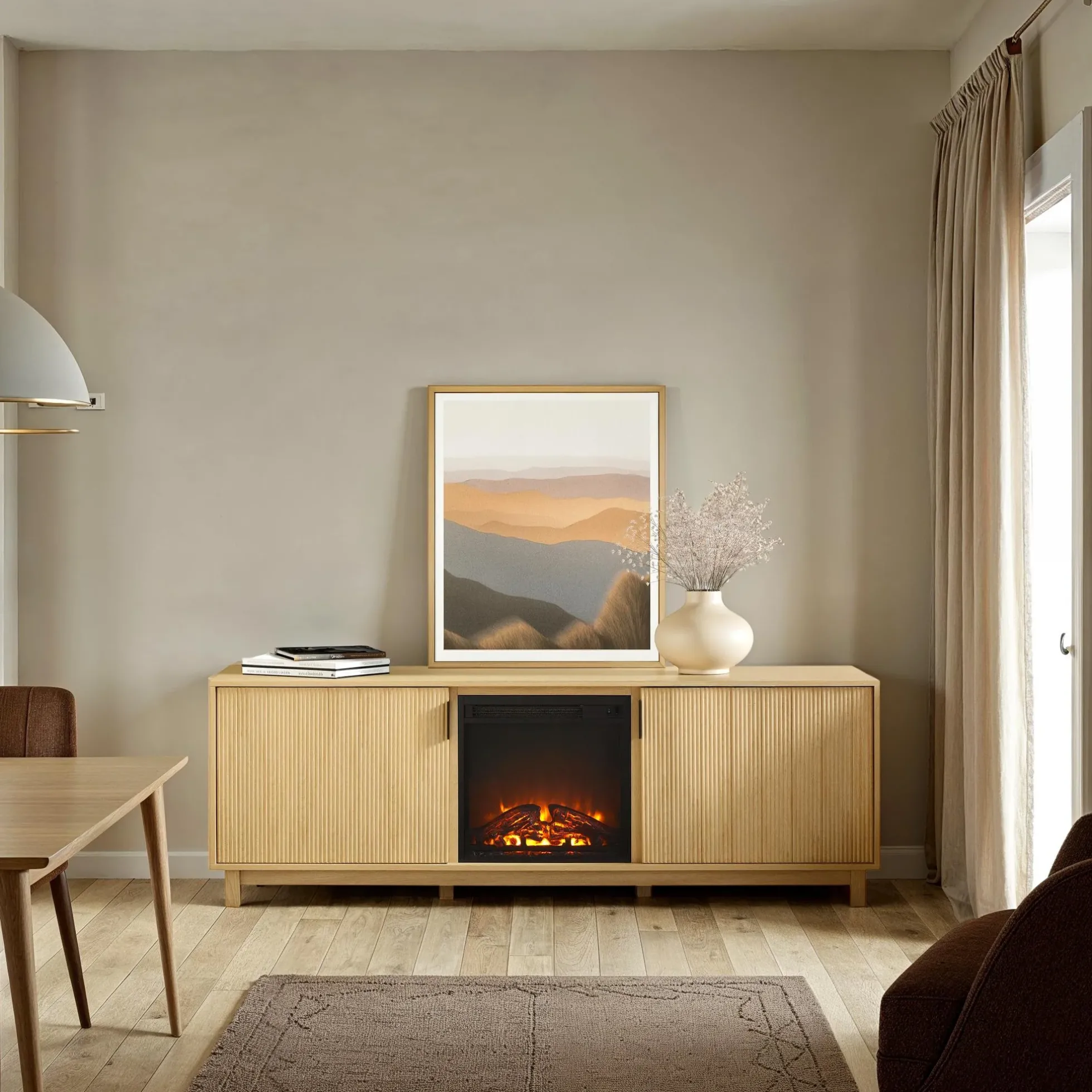 Reema Scandinavian 70" Modern Reeded TV Stand with Freestanding Electric Fireplace