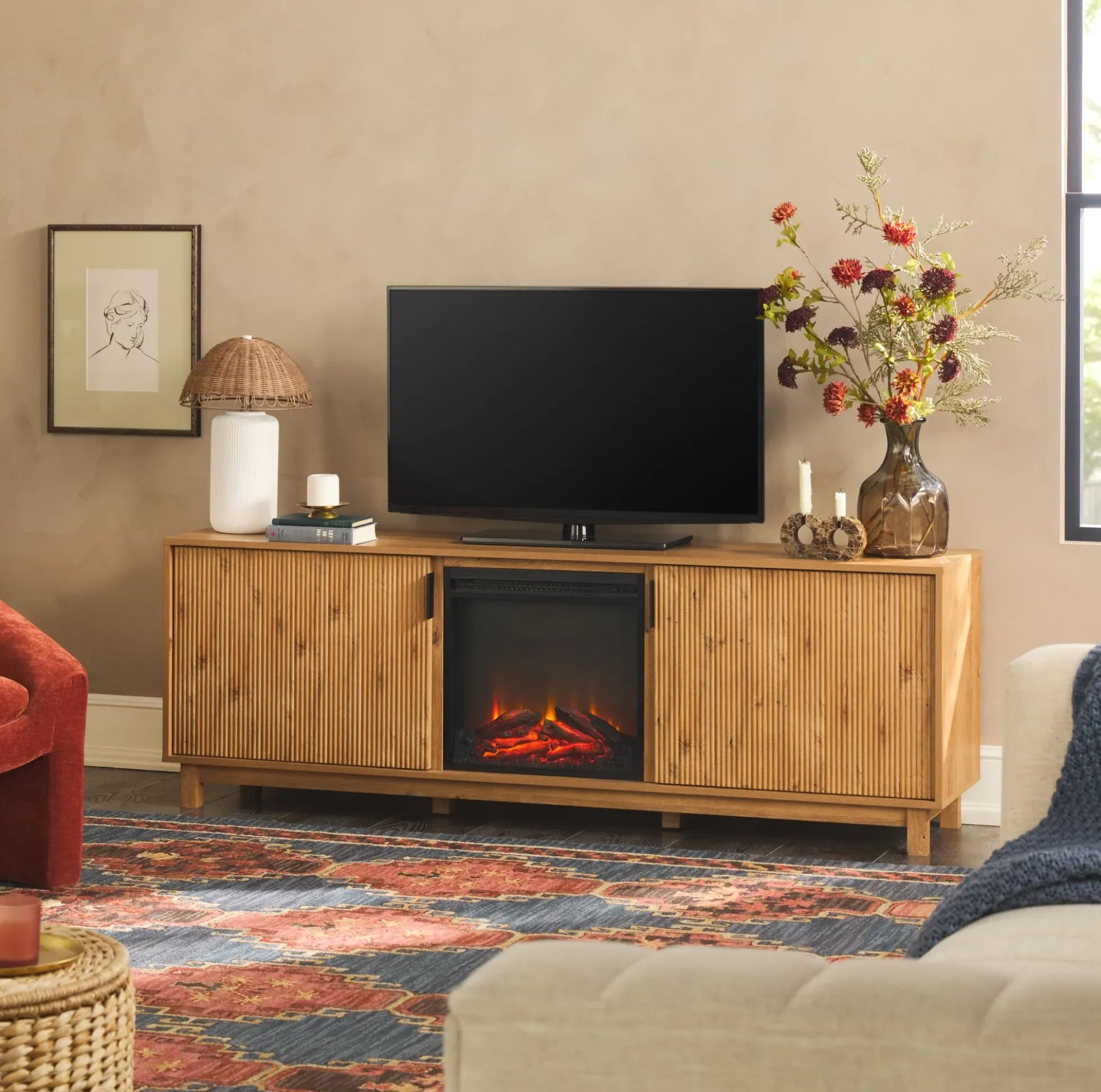 Reema Scandinavian 70" Modern Reeded TV Stand with Freestanding Electric Fireplace