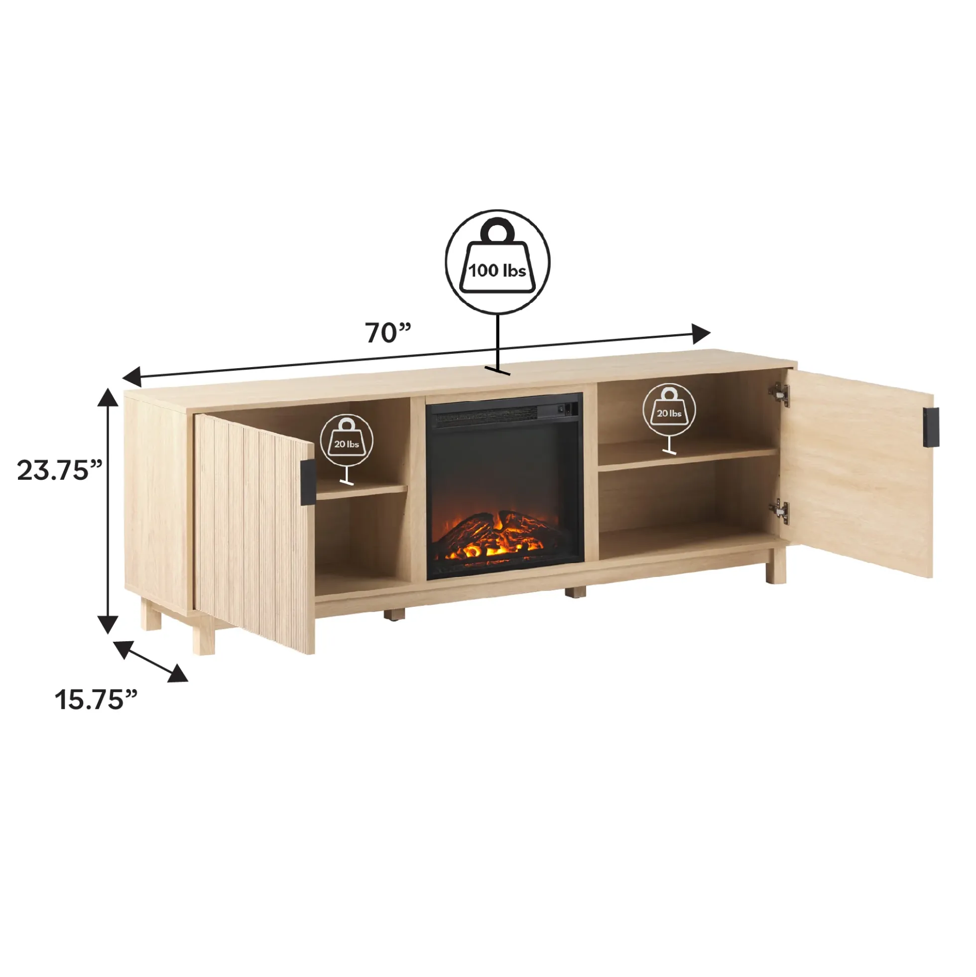 Reema Scandinavian 70" Modern Reeded TV Stand with Freestanding Electric Fireplace